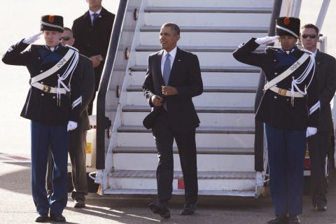 Obama disembarks from Air Force One after arriving in Amsterdam, Netherlands, on Monday, March 24. 