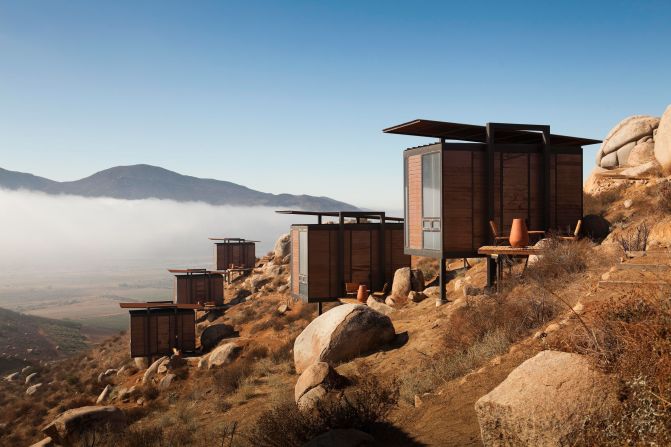 Encuentro Guadalupe Antiresort's shelters blend in with the landscape of Baja California, Mexico.