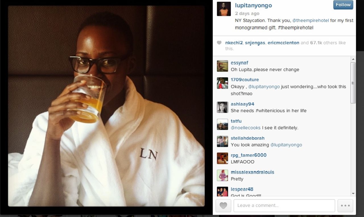 Actress Lupita Nyong'o posted a photo of herself without makeup lounging in a New York hotel in March 2014.