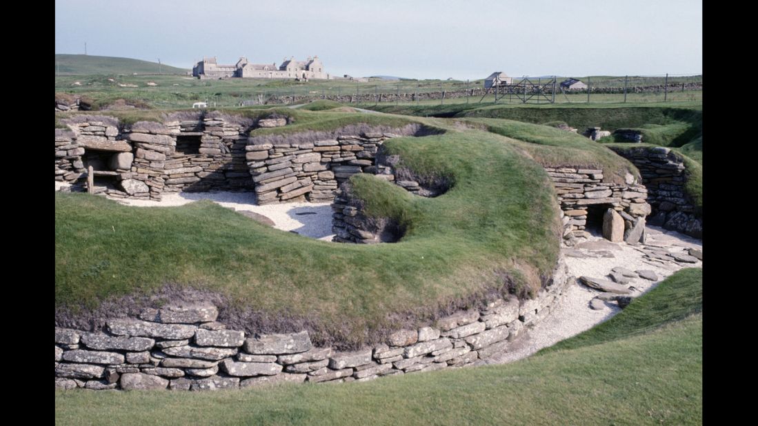 The 5,000-year-old Neolithic village of Skara Brae in the Orkney Islands of Scotland was uncovered after a powerful sandstorm blew through the town in the 1800s. 