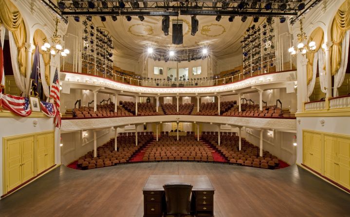 <strong>Ford's Theatre (Washington, D.C.):</strong> John Wilkes Booth entered the theater box (on left) where Abraham Lincoln was attending a performance of "Our American Cousin" and shot him in the back of the head. The theater is now a museum and education center, as well as a playhouse.