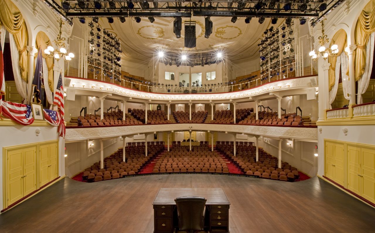 <strong>Ford's Theatre (Washington, D.C.):</strong> John Wilkes Booth entered the theater box (on left) where Abraham Lincoln was attending a performance of "Our American Cousin" and shot him in the back of the head. The theater is now a museum and education center, as well as a playhouse.