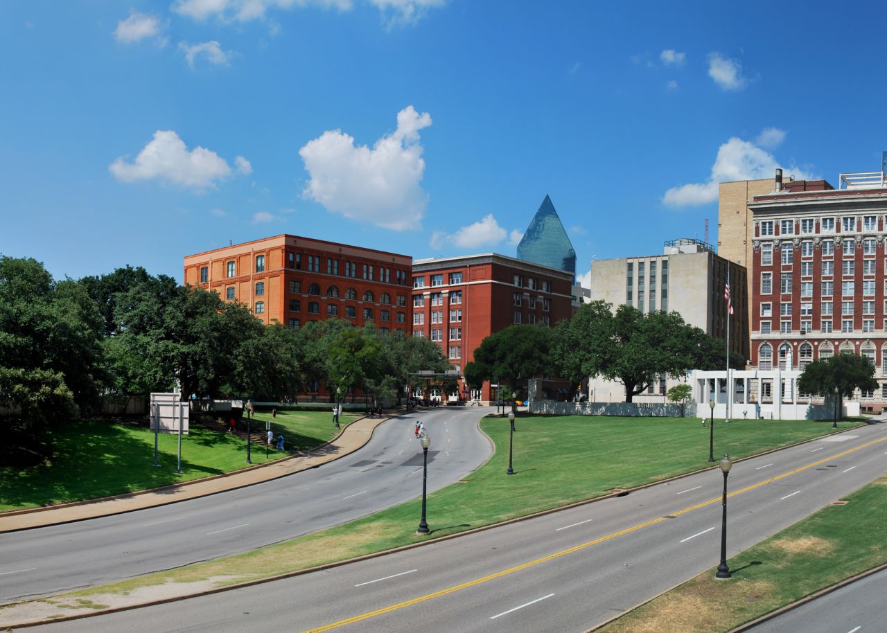 <strong>Dealey Plaza (Dallas, Texas):</strong> Lee Harvey Oswald shot John F. Kennedy from the sixth floor of the former Texas School Book Depository -- now the Sixth Floor Museum dedicated to the assassination and legacy of JFK. A white "X" marks the spot where the bullets entered the president in November 1963.