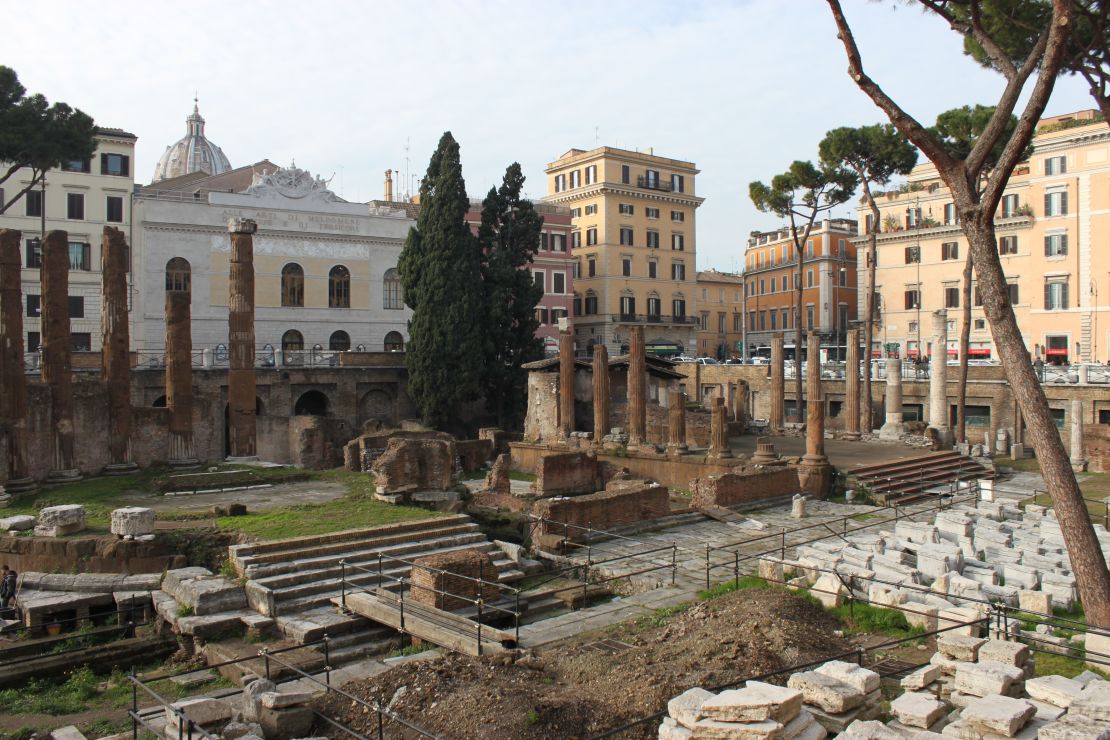 Julius Caesar was stabbed at the Theatre of Pompey. The site is now buried several meters beneath the Teatro Argentina, the white building at the back.