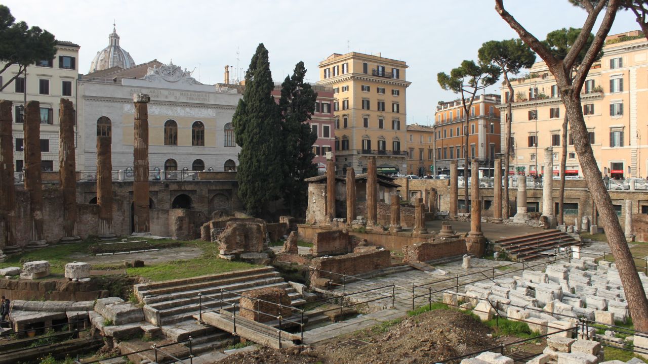 Julius Caesar was stabbed at the Theatre of Pompey. The site is now buried several meters beneath the Teatro Argentina, the white building at the back.
