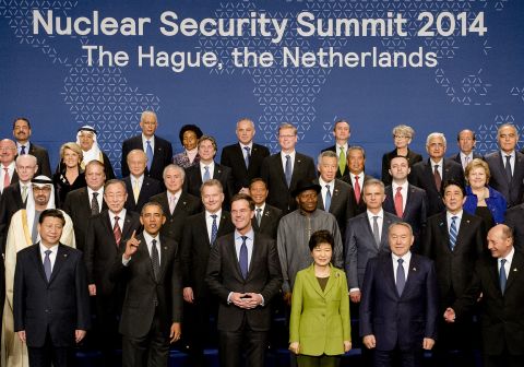 Obama, gesturing in the bottom left, joins other world leaders for a group photo on the last day of the Nuclear Security Summit in The Hague, Netherlands, on Tuesday, March 25. The summit was the primary reason for Obama's trip.