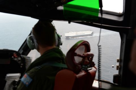 The Norwegian merchant ship Hoegh St Petersburg, which was diverted to take part in the search, is seen from a Royal Australian Air Force P-3 Orion on Friday, March 21.