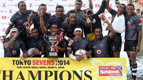The Fiji team celebrate a hard-fought victory over South Africa in the Cup final of the Japan Sevens in Tokyo.