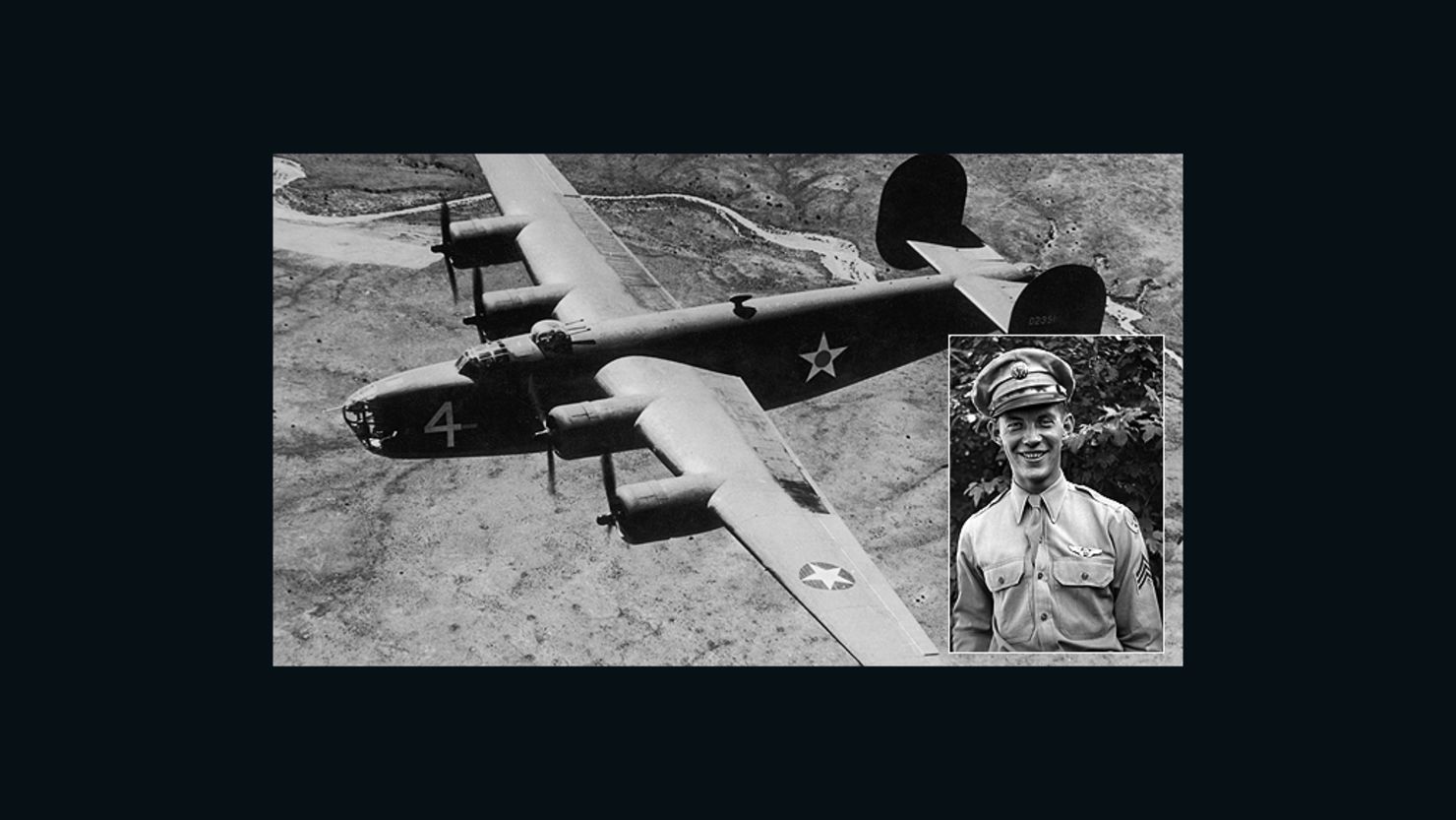 Staff Sergeant Larry Grasha and a file image of a B-24 Liberator bomber. Grasha's B-24 plane and its eight crew disappeared in 1944.