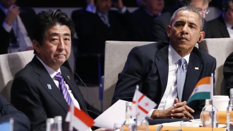Japanese Prime Minsister Sinzo Abe and U.S. President Barack Obama attend the opening session of the at the 2014 Nuclear Security Summit on March 24, 2014 in The Hague, Netherlands.
