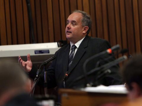 Cell phone analyst Francois Moller testifies during the trial on March 25. Questioned by the prosecution, Moller listed in order the calls made and received by Pistorius after he shot Steenkamp.
