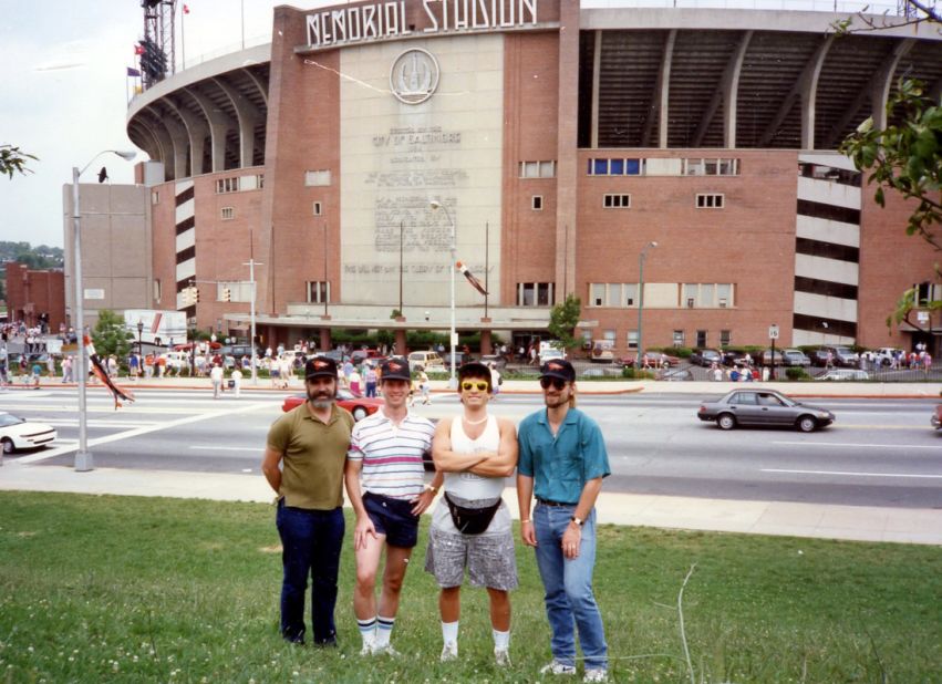 <strong>Baltimore Memorial Stadium (1990):</strong> Robert Ondrovic, far right, poses with friends on an early leg of their decades-long "Dead Stadium Tour." The Baltimore Orioles played here from the time they were in the Minor League in 1950 until 1991. The Orioles then moved to Camden Yards.