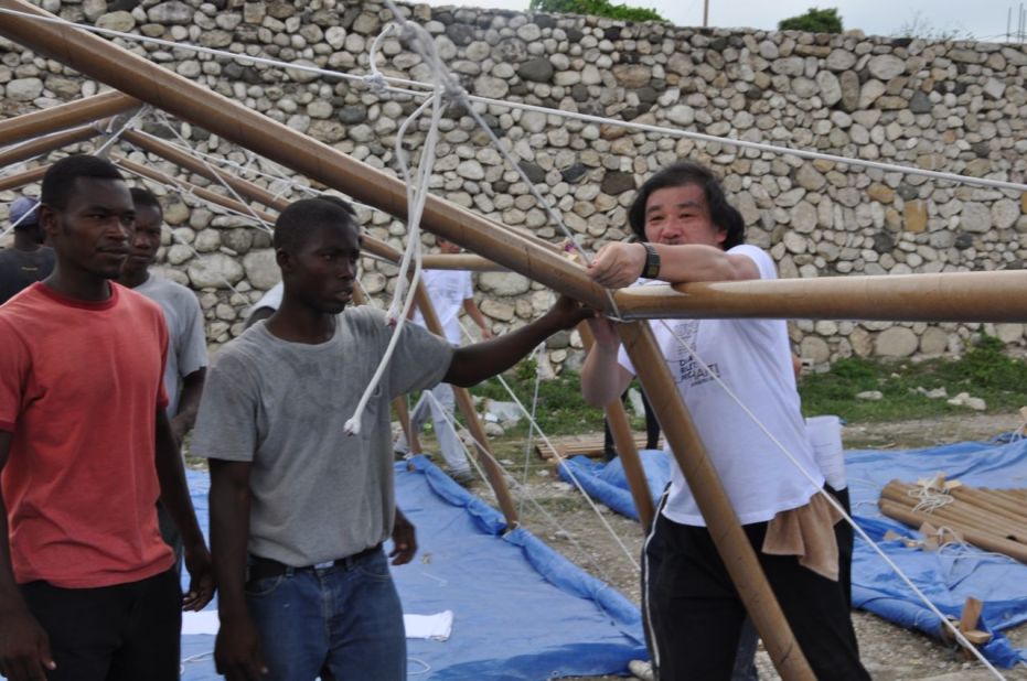 Ban says that winning the Pritzker Prize will not distract him from his humanitarian work. He insists on visiting disaster zones to see the damage firsthand. In this photo, Ban is seen helping construct paper shelters in Haiti following the devastating earthquake of 2010.