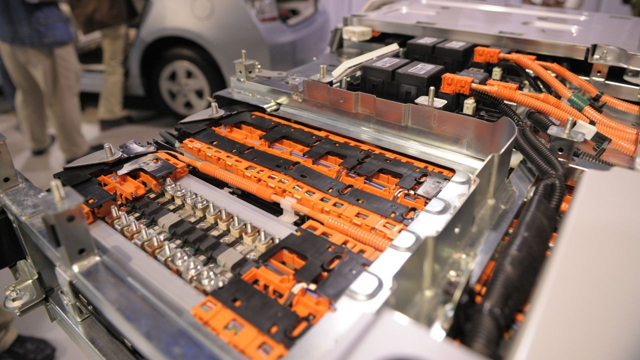 The inside of a lithium-ion battery used in a Prius plug-in hyrbrid car is on display. "Li-ion" batteries are used extensively in cell phones and laptops.
