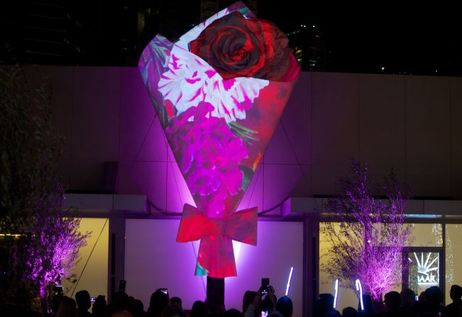 Standing 26-feet tall, this 'bouquet', designed by lingerie designer Chantal Thomass, has  constantly morphing skin. An array of colors and textures are displayed on its exterior. 