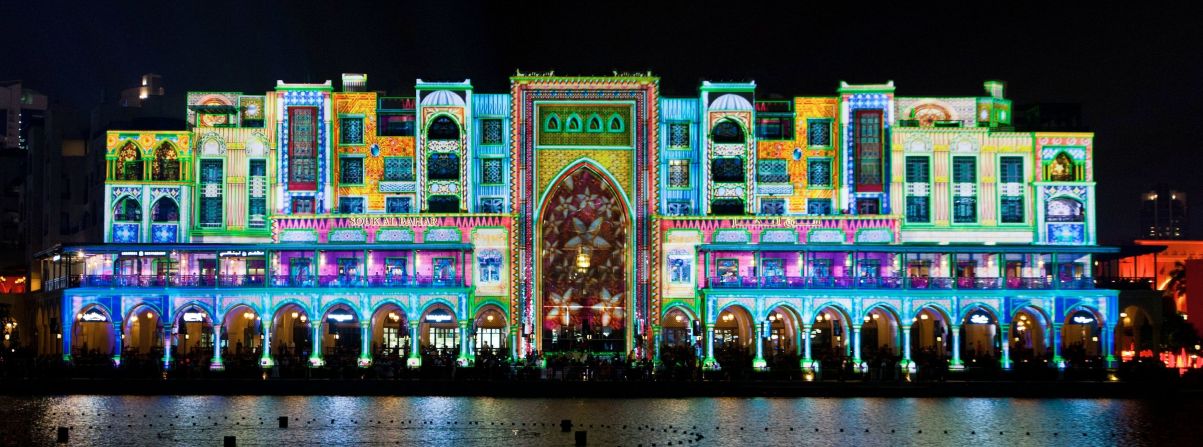 French composer and stage director Damien Fontaine projected a work of cinematic theater, in which two characters go in search of lost treasure, onto Dubai's Souk Al Bahar for the city's inaugural Festival of Lights.