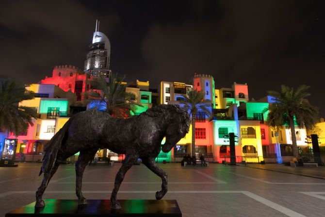 Lighting specialist Daniel Knipper was inspired by painters Pablo Picasso and Piet Mondrian to project a fresco-style canvas of flowing colors onto Dubai's Old Town. 