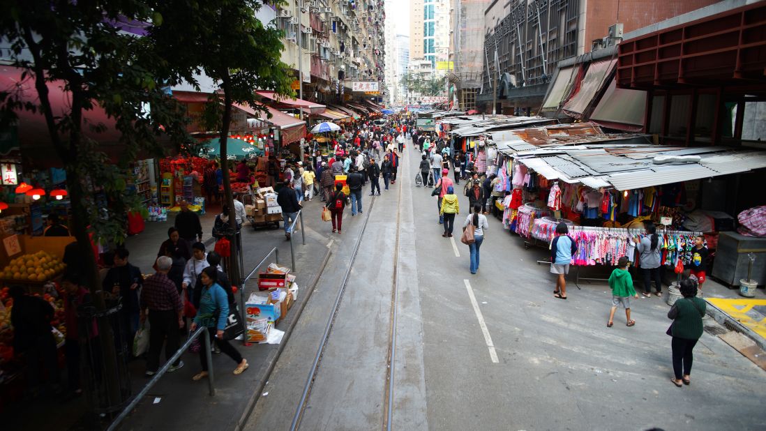 Any tram heading to North Point runs through Chun Yeung Street, which features one of the most interesting <a href="http://travel.cnn.com/hong-kong/shop/city-essentials/best-wet-markets-563207">wet markets in Hong Kong</a>. The tram runs right through the middle of the market. This shot was taken from the front row seats on the tram's upper deck.