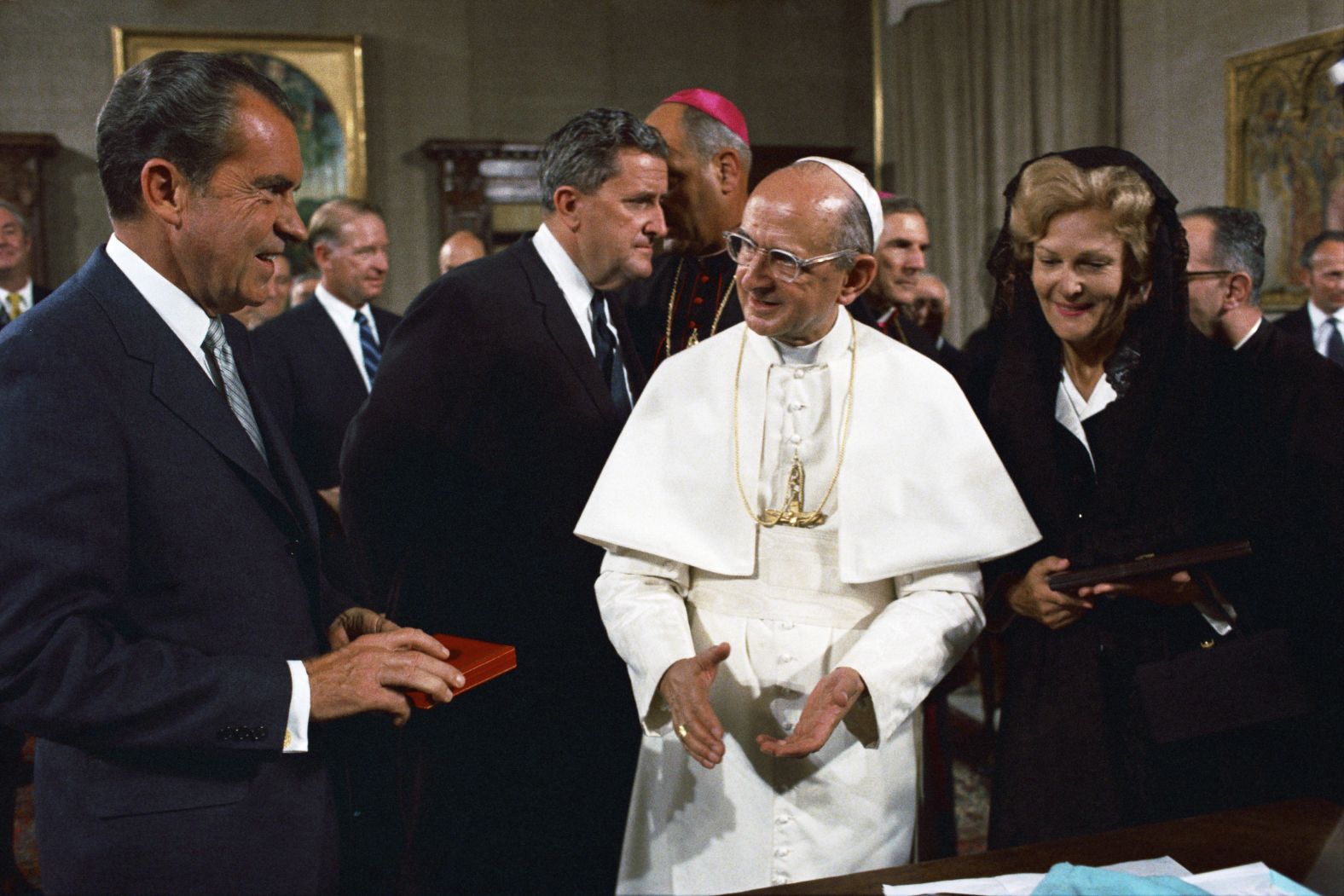 President Richard Nixon meets with Pope Paul VI at the Vatican in 1970.