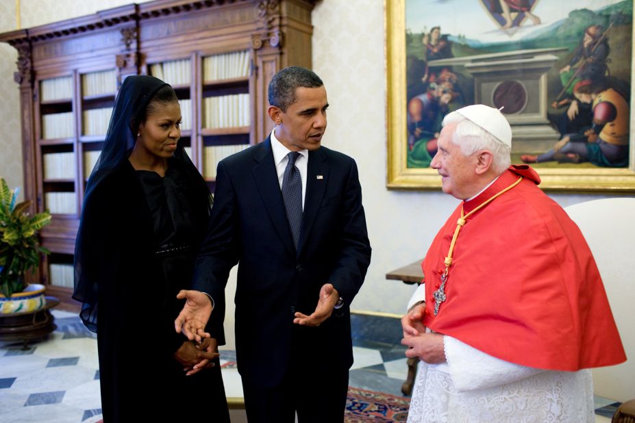 Obama and his wife, Michelle, meet with Pope Benedict XVI at the Vatican in 2009. Benedict resigned as Pope in 2013.