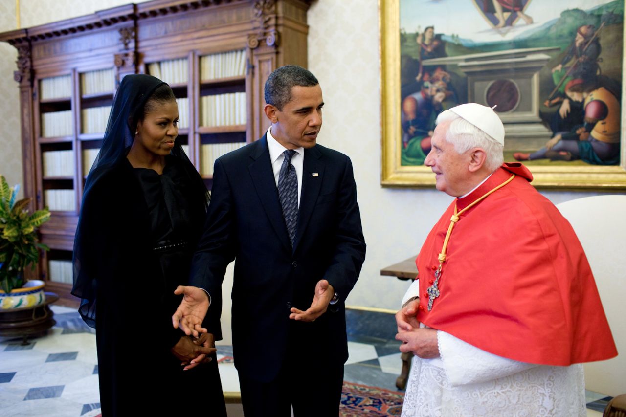 President Barack Obama and first lady Michelle Obama meet with Pope Benedict XVI at the Vatican in 2009. Obama is scheduled to meet with Bendeict's successor, Pope Francis, for the first time on Thursday, March 27.