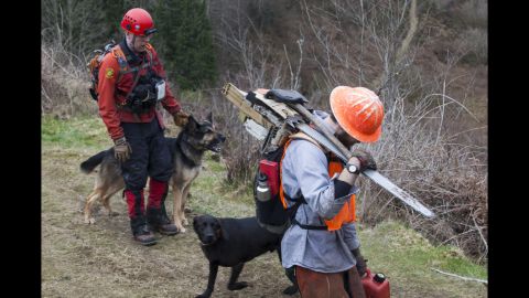 Search-and-rescue workers use dogs to look for survivors on March 25.