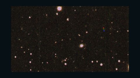In this combined image, the colored dots show the movement of 2012 VP113. Each image was taken two hours apart.