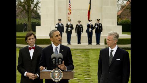 Obama is flanked by Belgium's King Philippe, right, and Belgian Prime Minister Elio Di Rupo as he delivers an address in Waregem, Belgium, on Wednesday, March 26.