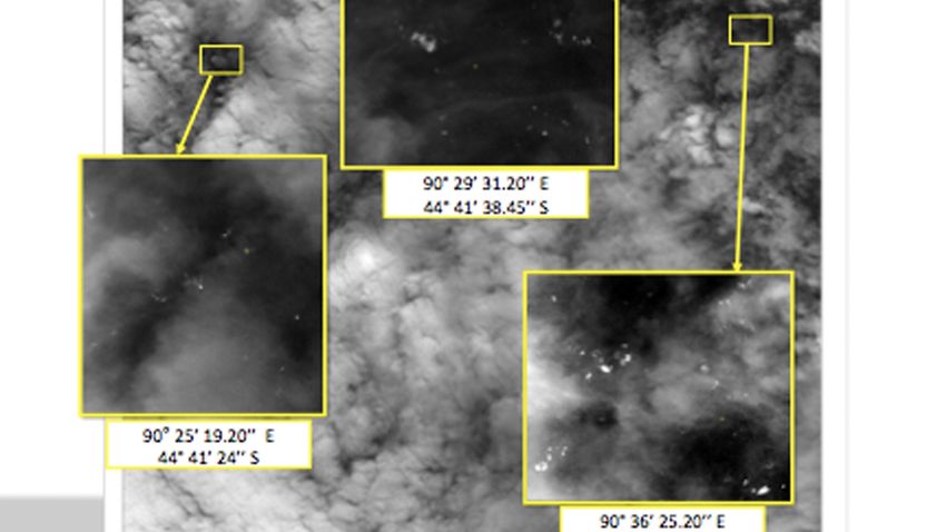This handout Satellite image made available by the MRSA (Malaysian Remote Sensing Agency) and dated March 23, 2014, shows the location of unknown objects in the southern Indian Ocean, off the South West Coast of Perth, Australia. French, Chinese and Australian authorities have reported satellite sightings of unknown objects in the southern Indian Ocean.