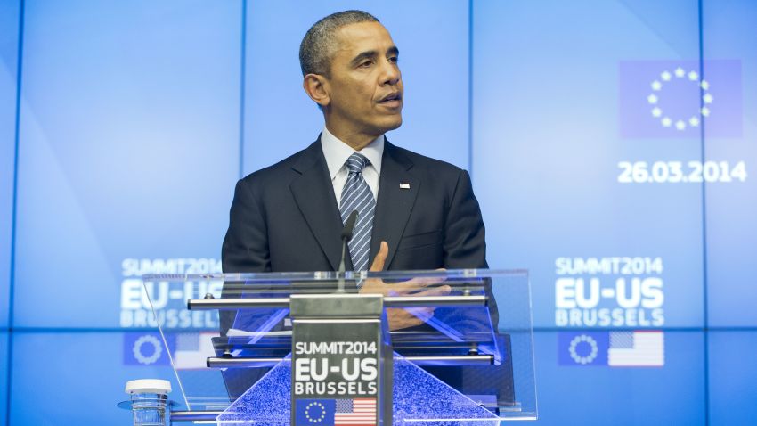 President Barack Obama speaks during a joint news conference with EU Council President Herman Van Rompuy and EU Commission President Jose Manuel Barroso at the EU-US summit meeting, Wednesday, March 26, 2014, at the EU Council building in Brussels, Belgium.