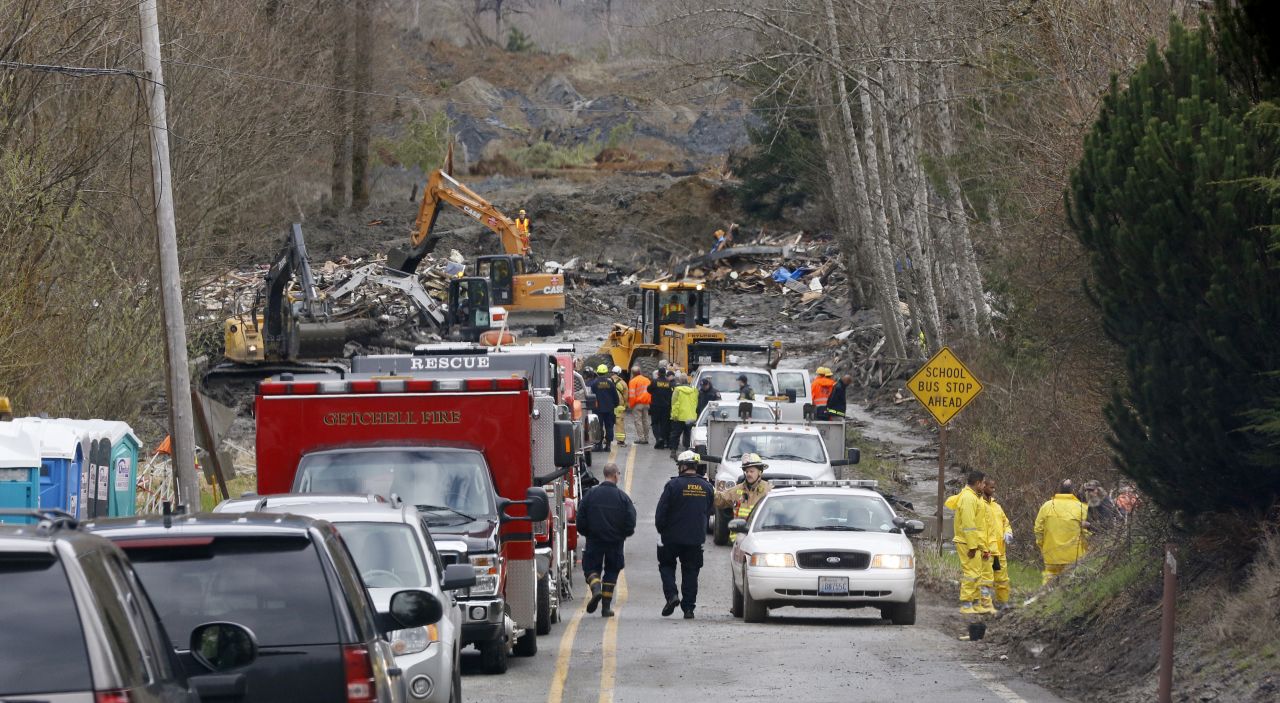 Emergency vehicles fill State Route 530 leading to the scene of the landslide in Oso on Wednesday, March 26. 