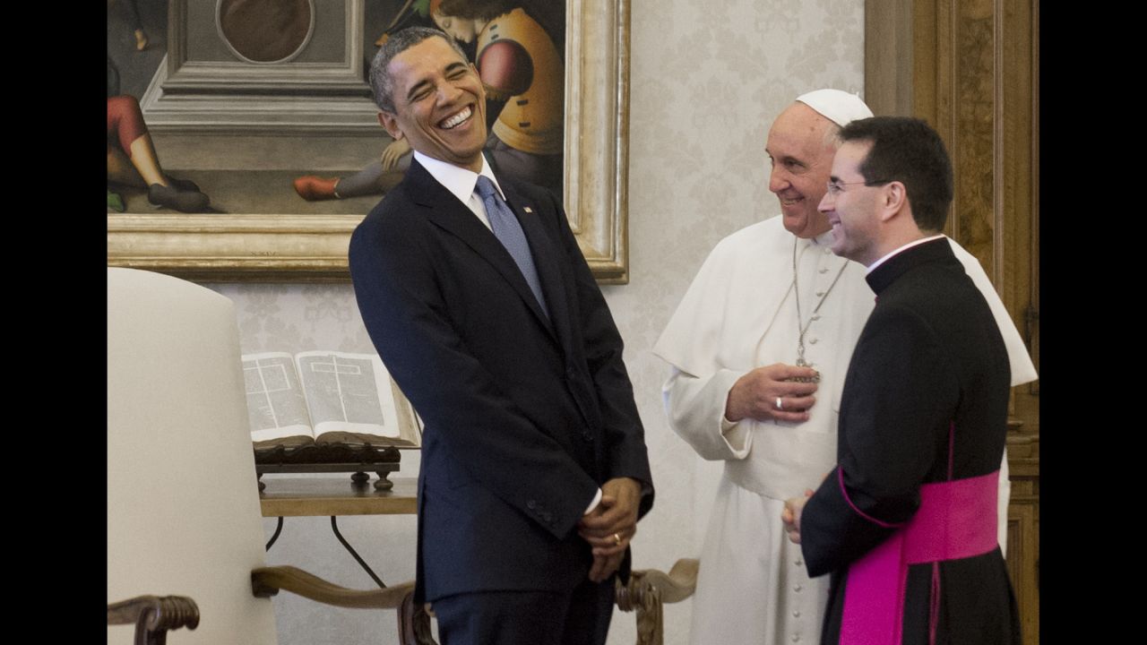 Francis speaks with US President Barack Obama at the Vatican in March 2014.