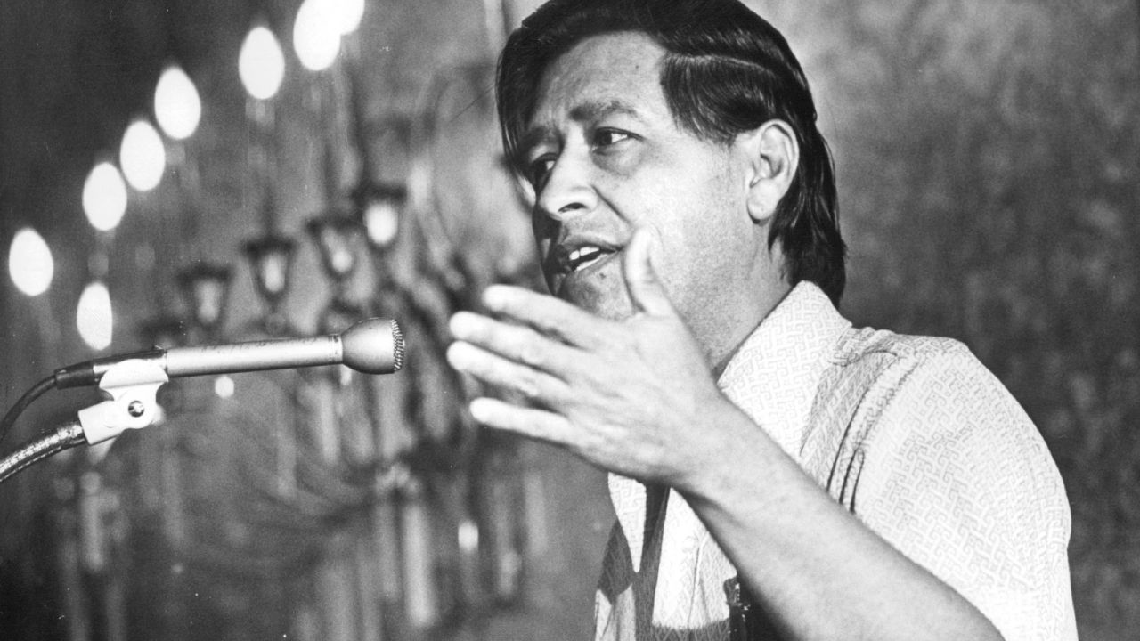 Labor and civil rights activist Cesar Chavez addresses a rally in Denver in 1974. Chavez, who brought attention to the plight of farm workers, was born near Yuma, Arizona, in 1927.
