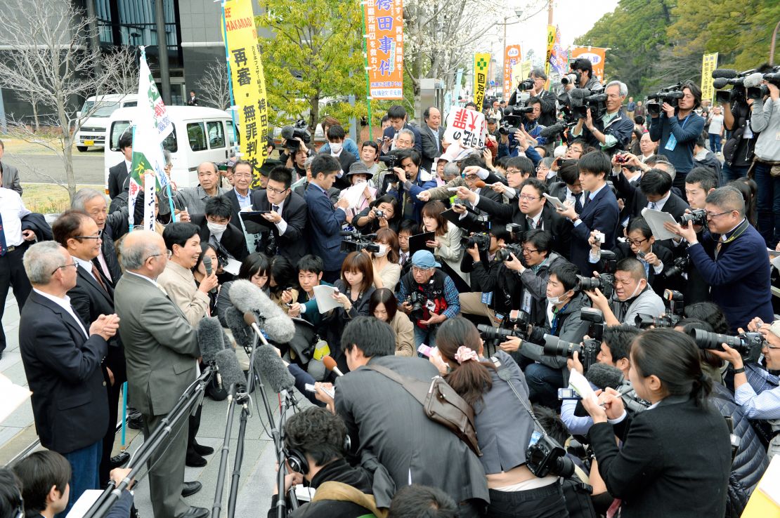 Hideko Hakamada, the elder sister of death row inmate Iwao Hakamada speaks to media reporters after the Shizuoka District Court accepted a request for a retrial on March 27, 2014 in Shizuoka, Japan. 