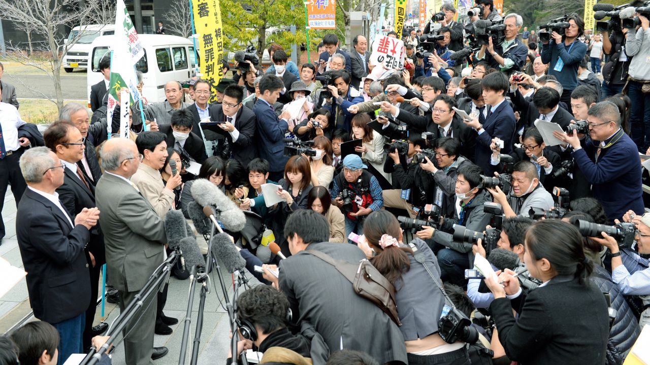 Hideko Hakamada, the elder sister of death row inmate Iwao Hakamada speaks to media reporters after the Shizuoka District Court accepted a request for a retrial on March 27, 2014 in Shizuoka, Japan. 