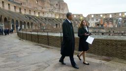 President Barack Obama with Barbara Nazzaro, Technical Director and Architect of the Colosseum, tours the Colosseum in Rome, Thursday, March 27, 2014. The Colosseum was the largest amphitheater of the Roman Empire and is today one of Rome's best know landmarks. (AP Photo/Pablo Martinez Monsivais)