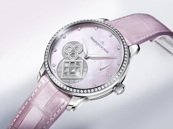 Ladylike luxury was on the agenda for this delicate Maurice Lacroix Masterpiece Square Wheel, which channels soft femininity with a shimmering pink mother of pearl dial, sparkling diamond case and crocodile leather strap. 