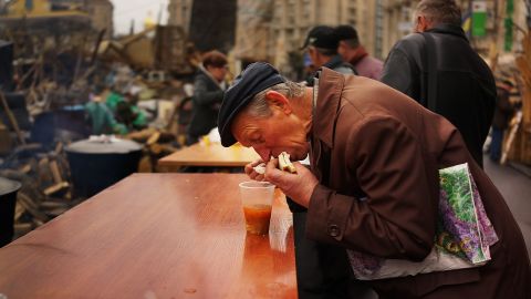 Parts of Maidan are gaining the look of semi-permanency. On any given morning activists line up at soup kitchens. 