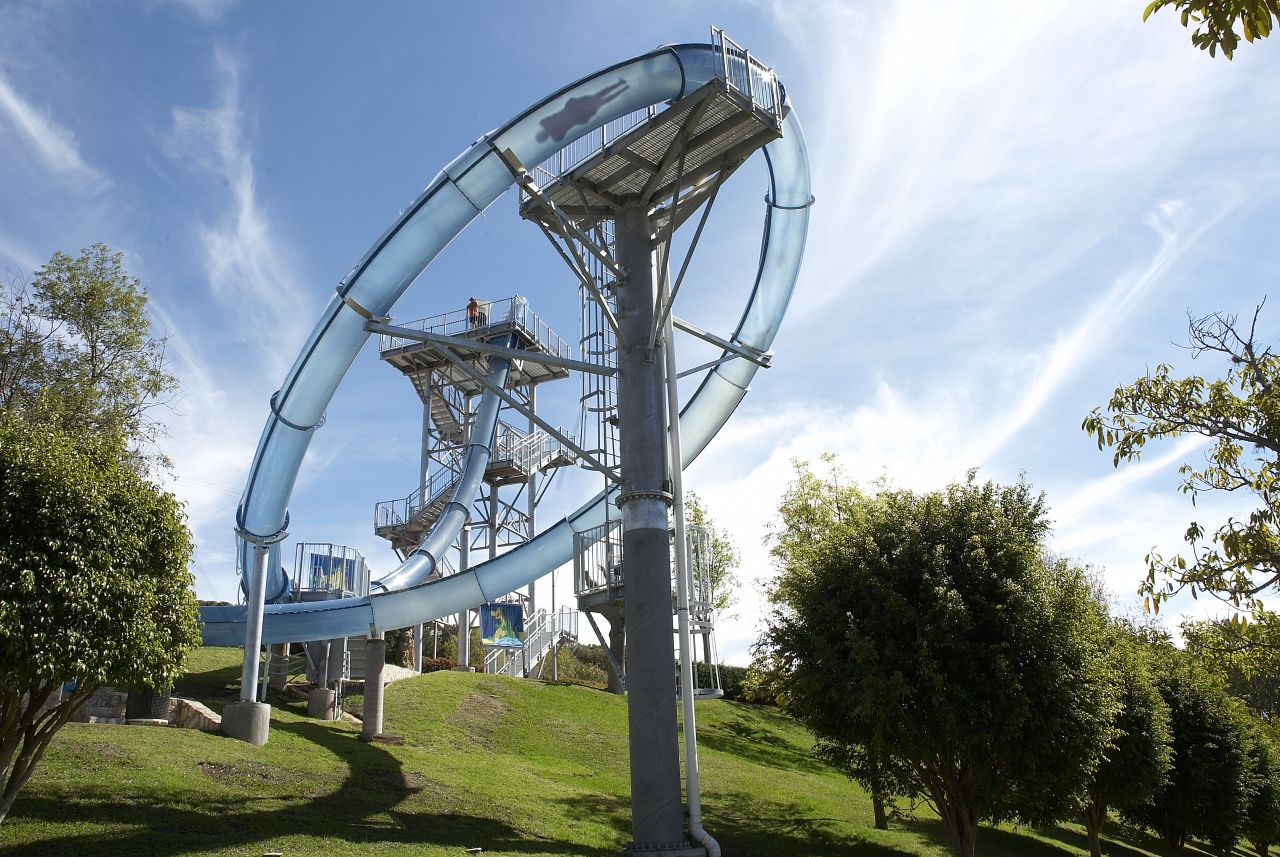 <strong>Aqualoop, Ixtapan Parque Acuatico, Mexico:</strong> This slide features a drop that follows a fall  through a trapdoor and propels riders to 60 kilometers an hour -- fast enough to make it around an almost-vertical loop. 