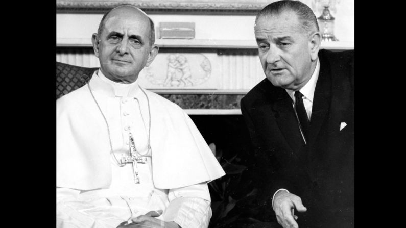 Oct. 4, 1965, Pope Paul VI and President Lyndon B. Johnson are seen during the Pontiff's visit to New York.