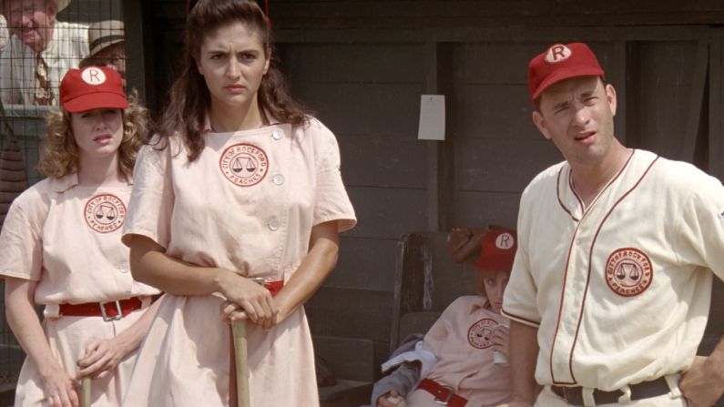 Tom Hanks, right, plays the coach of a team in the women's professional baseball league in the 1992 film "A League of Their Own." 