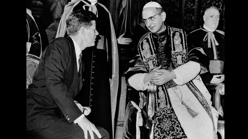 July 2, 1963, President John F. Kennedy and Pope Paul VI talk at the Vatican.
