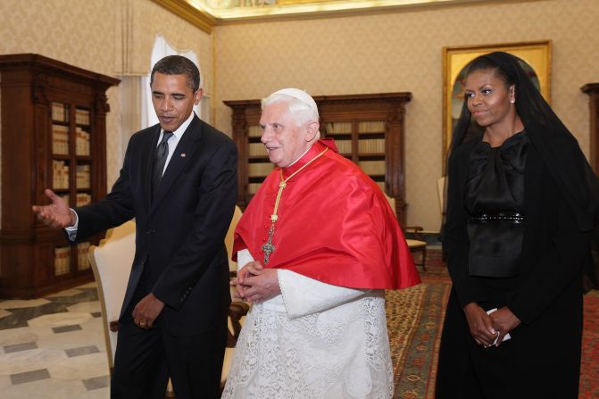 President Barack Obama and First Lady Michelle Obama meet with Pope Benedict XVI in his library at the Vatican on July 10, 2009.