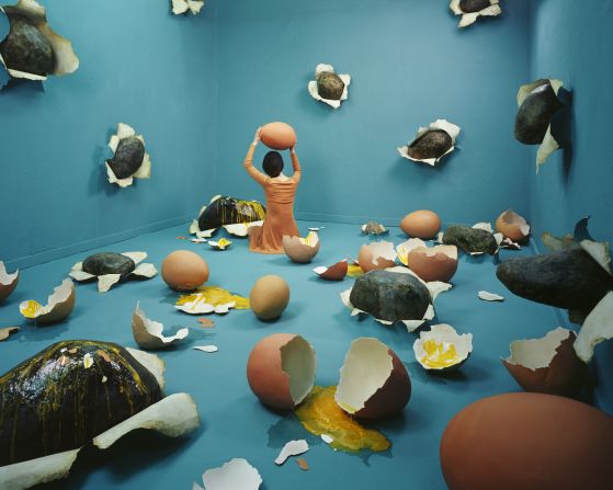 Korean proverb "to hit a rock with an egg" served as the basis behind this image depicting Lee's heartache: "Eggs are so fragile and easy to break, so I felt they would be a poignant contrast to the firmness of the rocks," she says. 