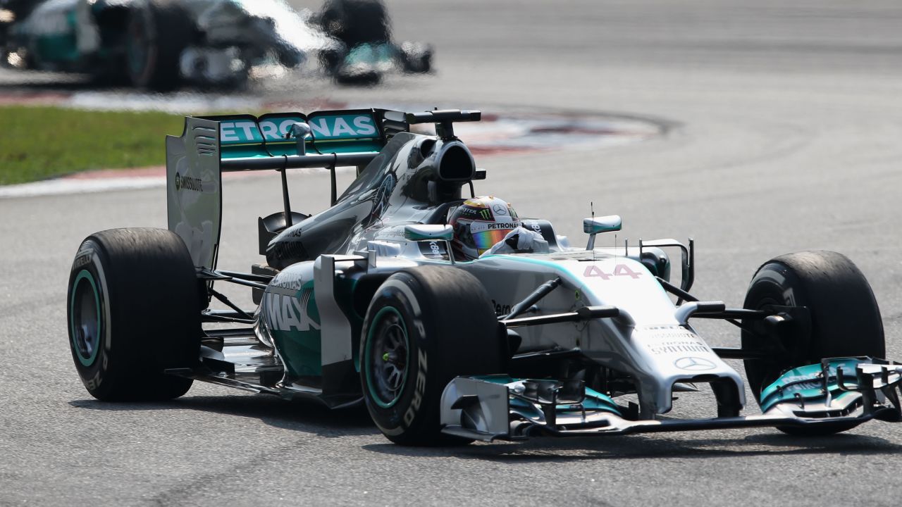 Lewis Hamilton leads teammate Nico Rosberg during their one-two at the Malaysian Grand Prix.