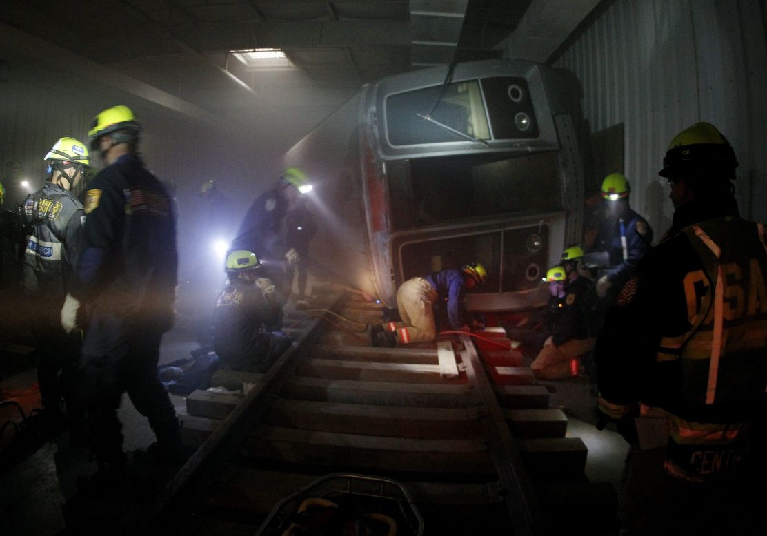 Rescue Task Force members work at the scene of a mock subway explosion.