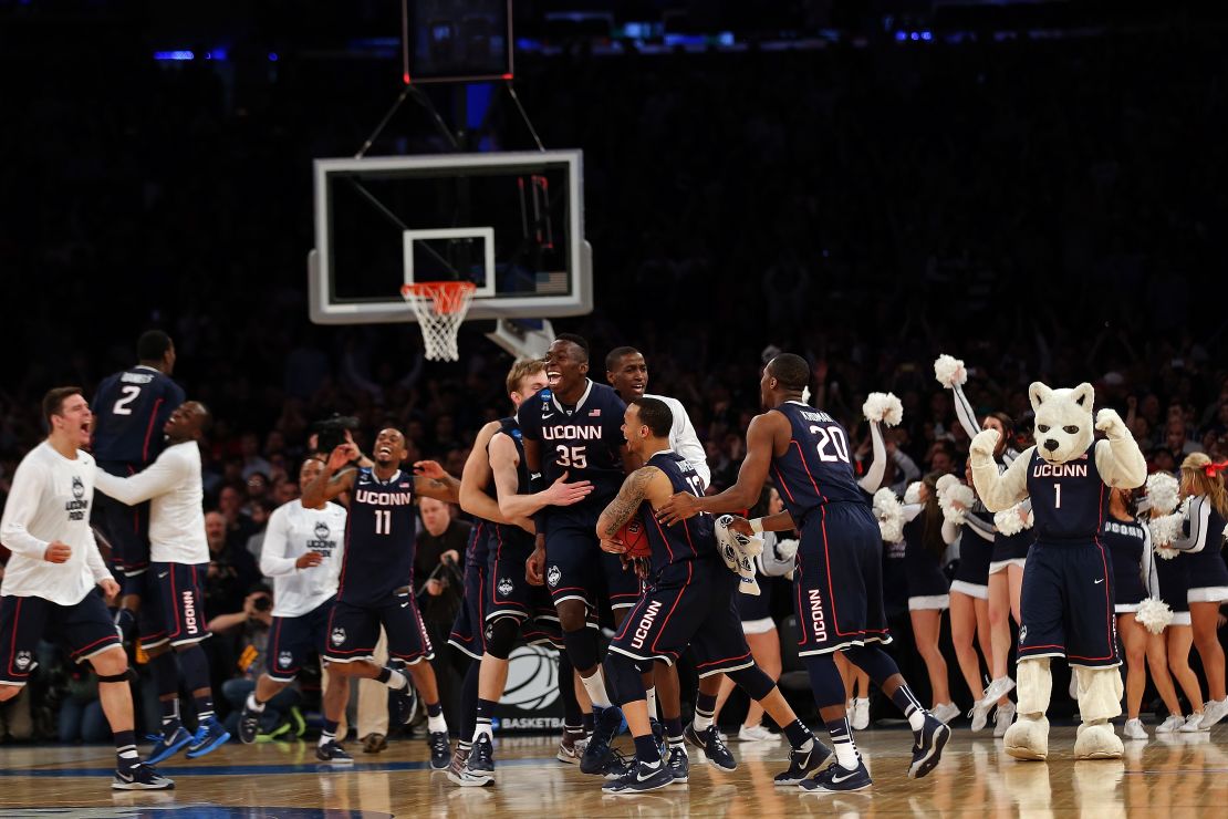 UConn, the No. 7 seed in its region, celebrates a victory over No. 4 Michigan State.