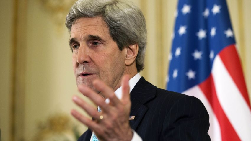 US Secretary of State John Kerry speaks during a news conference at the U.S. Ambassador to France's residence in Paris, on March 30, 2014, following his meeting with Russian Foreign Minister Sergey Lavrov about the situation in Ukraine.