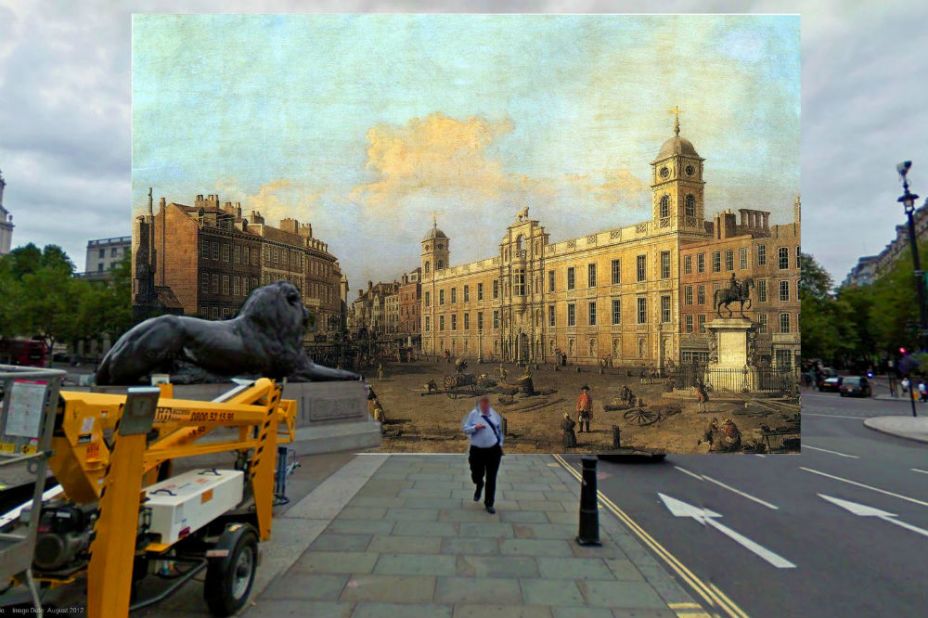 Redditor Shystone has imposed old paintings over Google Street View photographs to create a series of composite images of London then and now. This photo shows a painting of Northumberland House which stood in Trafalgar Square until 1874, by Italian artist Canaletto. 