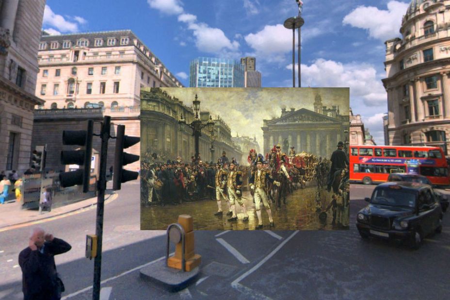 This painting by William Logsdail from 1890 shows Lord Mayor's Procession passing through Bank Junction in the City of London. It captured The Old Bank of England which has since been demolished. 